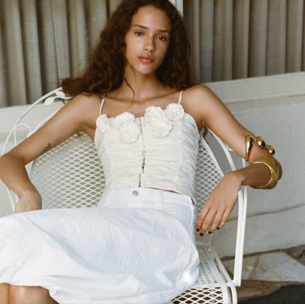 NWT ZARA Elegant White Floral Corset Satin Top